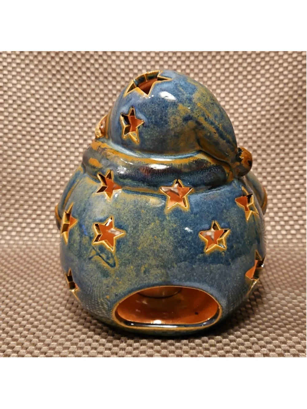 Blue and Brown Snowman Stoneware Handpainted Lantern Tealight Holder Stars